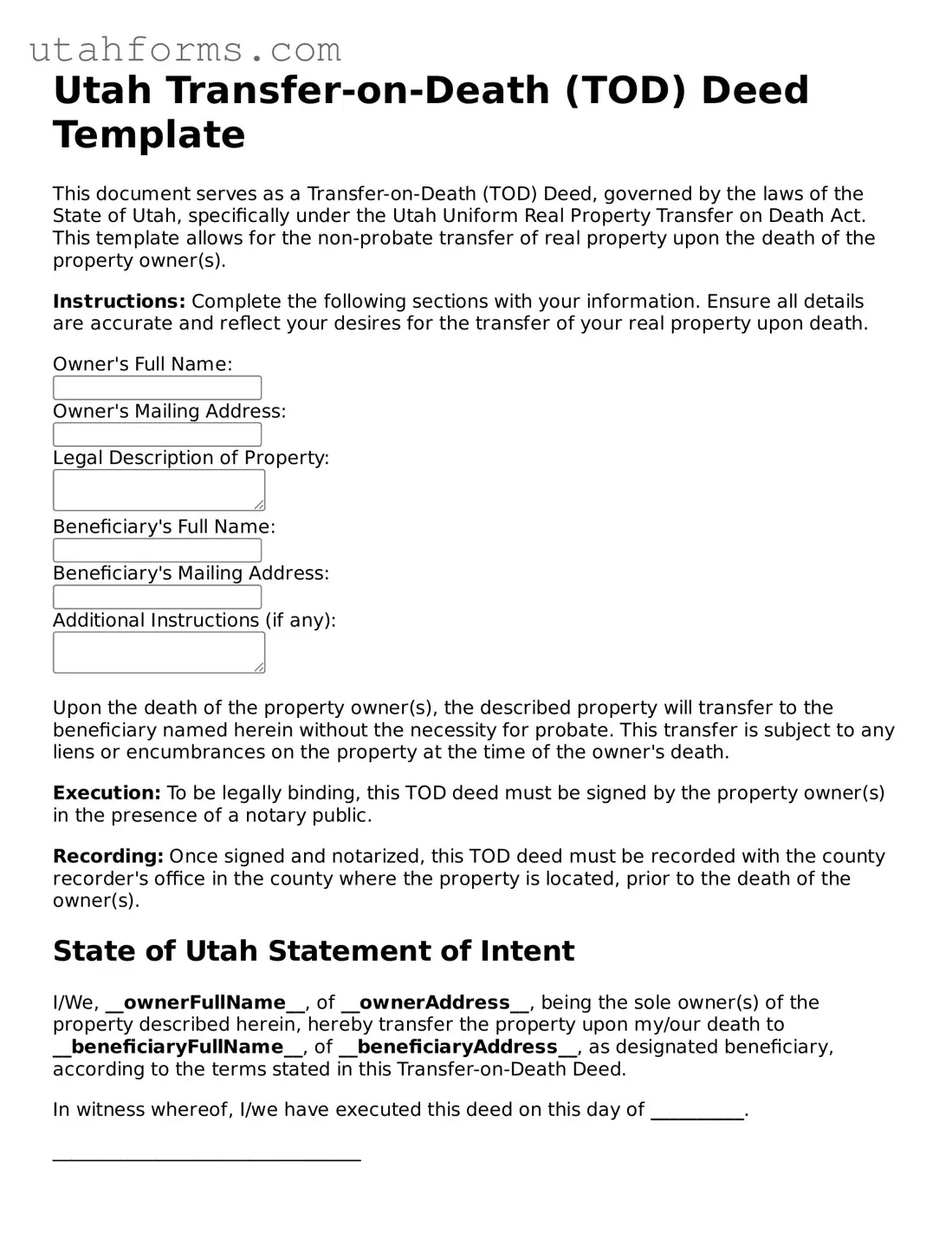 Free  Transfer-on-Death Deed Form for Utah