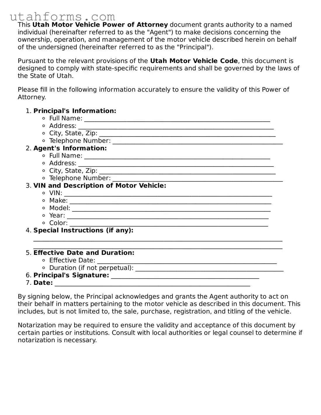 Free  Motor Vehicle Power of Attorney Form for Utah