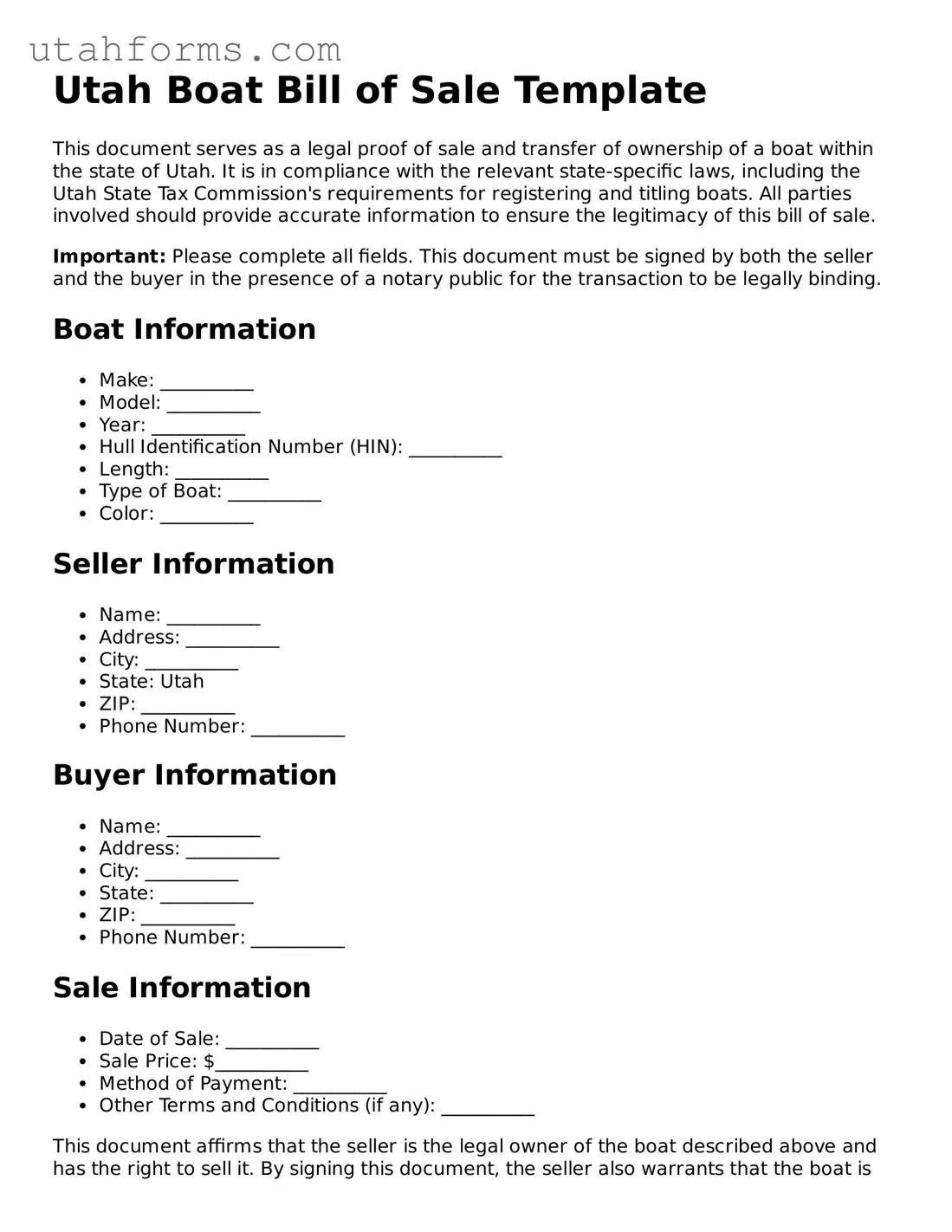 Free  Boat Bill of Sale Form for Utah